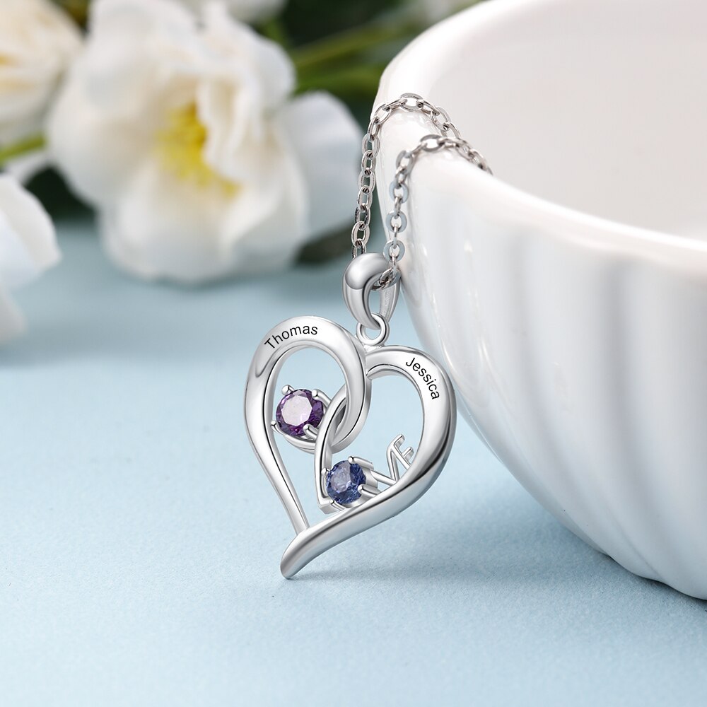Personalized Heart Necklace with Birthstone Custom Name Engraved Pendant - MERGE.DAY.1.FREESTYLE