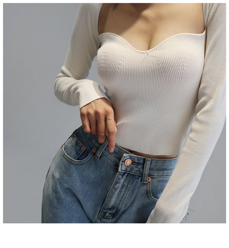 French Vintage Square Neck Knitted Tops Women Skinny Long Sleeve Pullover T-shirts Female - MERGE.DAY.1.FREESTYLE