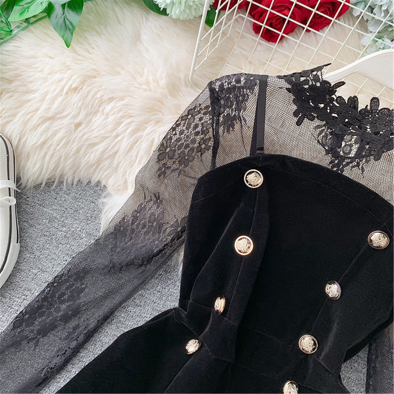 Long Sleeve Lace Embroidery Shirt Women Double Breasted Playsuits Slim Velvet Jumpsuits - MERGE.DAY.1.FREESTYLE