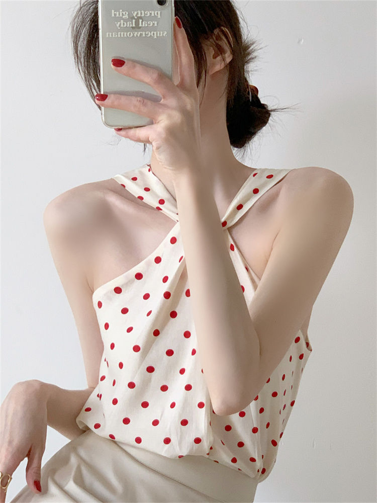 Backless Camis Women Summer Polka Dot Twist Halterneck Vest Female Casual Chiffon Tops - MERGE.DAY.1.FREESTYLE