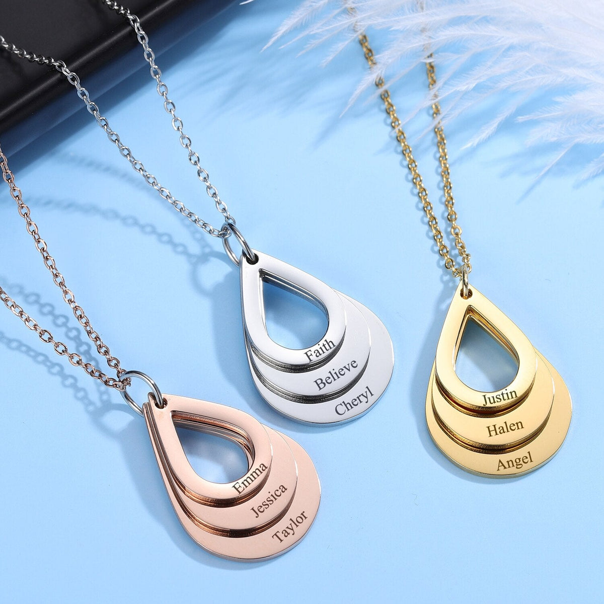 Personalized Name Necklaces Customized Engraved 3 Names Necklace Water Drop Shape Charm - MERGE.DAY.1.FREESTYLE