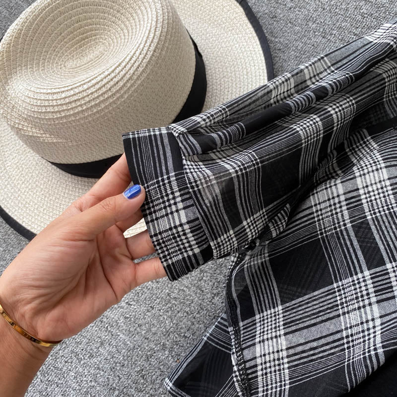 Two Piece Set Long Sleeve Plaid Grey Overcoats Spaghetti Strap Slim Dress - MERGE.DAY.1.FREESTYLE