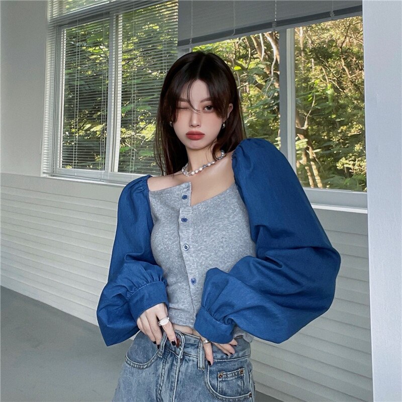 Patchwork Denim Shirts Women French Square Collar Puff Blouses Long Sleeve Crop Tops - MERGE.DAY.1.FREESTYLE