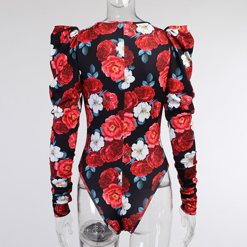 Spring Elegant Boho Print Bodysuits Rompers Women Jumpsuits Puff Sleeve Skinny Sexy V-neck - MERGE.DAY.1.FREESTYLE