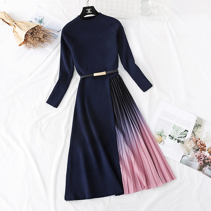 Knitted Patchwork Gradient Print Pleated Dress Long Sleeve Office One-Piece Sweater Dress With Belt - MERGE.DAY.1.FREESTYLE