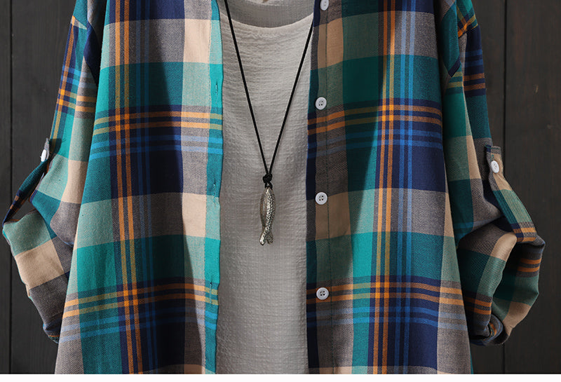 100% Cotton Plaid Shirt Long Sleeve Button Up Casua Loose Blouse Plus Size - MERGE.DAY.1.FREESTYLE