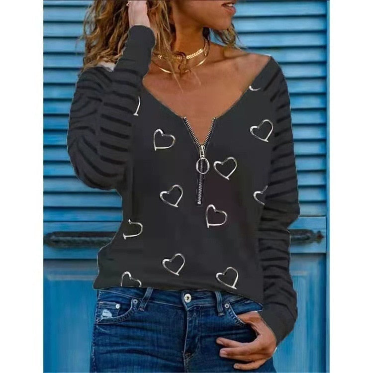 Love Printing T-shirt Sexy V-neck Zipper Neck Long-sleeved T-shirt Casual Loose Pullover Top - MERGE.DAY.1.FREESTYLE