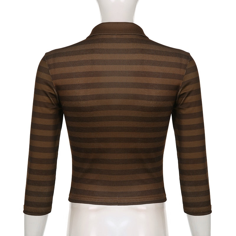 Goth Print Tops Stripe Cute T-Shirts Dark Academia Techwear Button Up V Neck Half Sleeve Sweat Shirts - MERGE.DAY.1.FREESTYLE