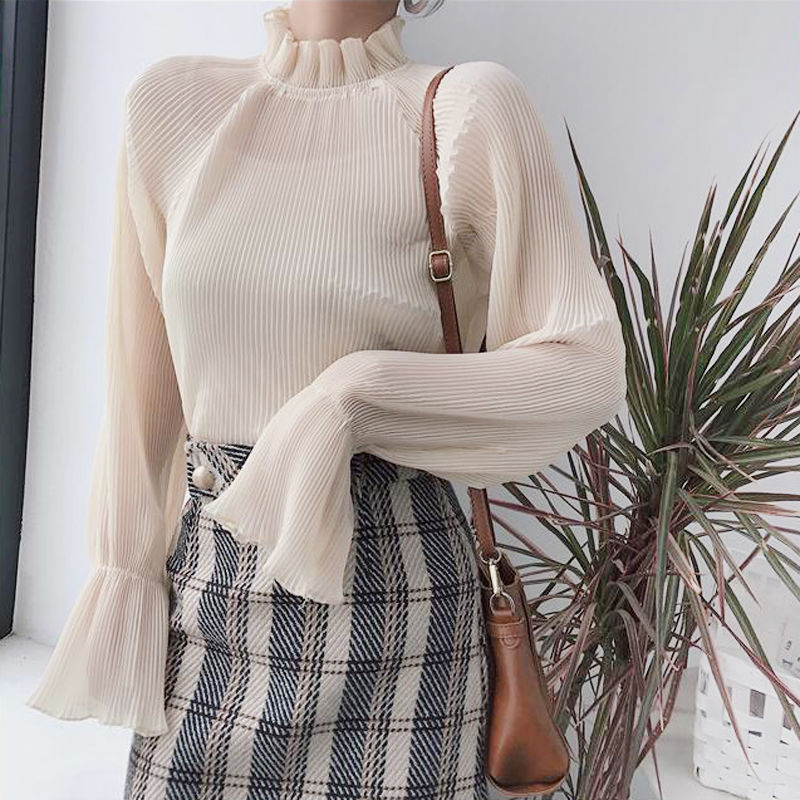 Chiffon Shirts Retro Elegant Ruffled Collar Lace Bottoming Shirt Women Lantern Sleeve Tops - MERGE.DAY.1.FREESTYLE