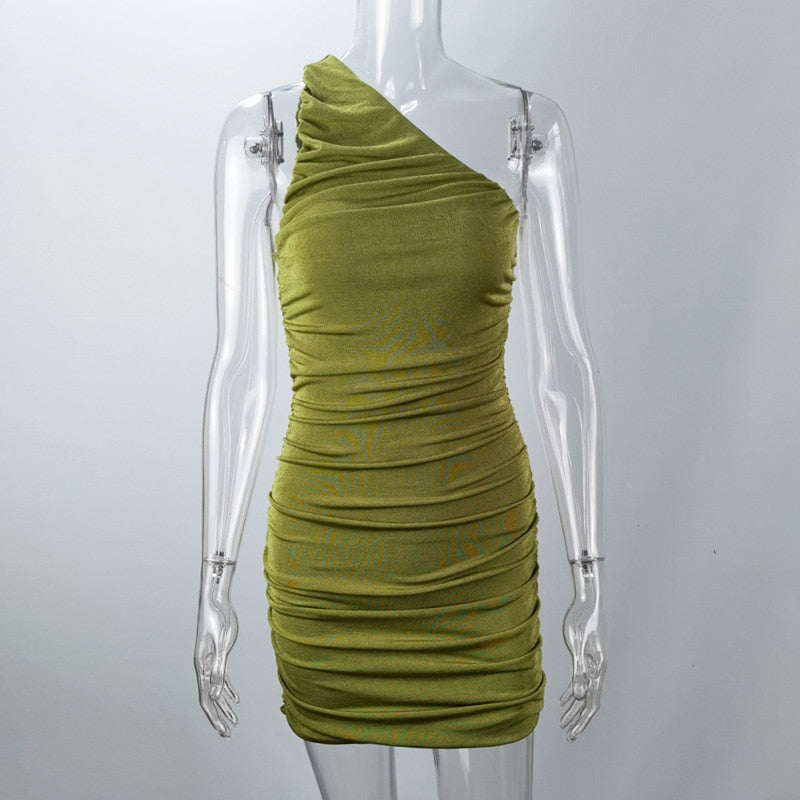 Elegant One Shoulder Party Dresses For Women Sleeveless Ruched Bodycon Dress Sexy Mini Summer Dress - MERGE.DAY.1.FREESTYLE