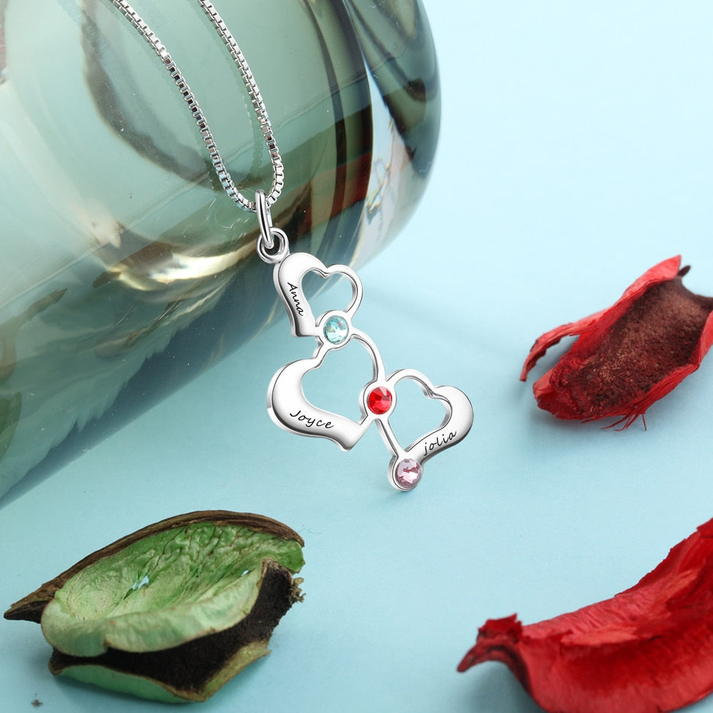 3 Heart Hollow Design Personalized Engrave Name Necklace Birthstone Pendants - MERGE.DAY.1.FREESTYLE