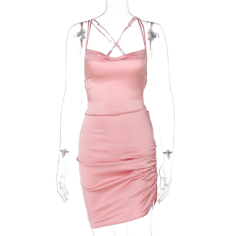 Satin Women Strap Mini Dress Ruched Lace Up Cross Bandage Backless Bodycon Sexy Party Elegant - MERGE.DAY.1.FREESTYLE