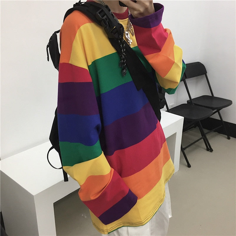Rainbow Striped Women T Shirts Harajuku Fashion Tops Long Sleeves Oversize Tshirt O-Neck - MERGE.DAY.1.FREESTYLE