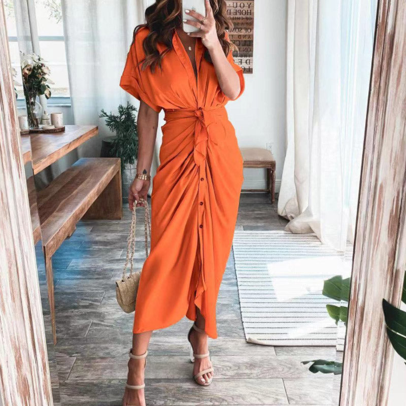 Vestido largo elegante de verano para mujer, de manga corta, con abertura, cuello tipo polo, botones y drapeado para fiesta