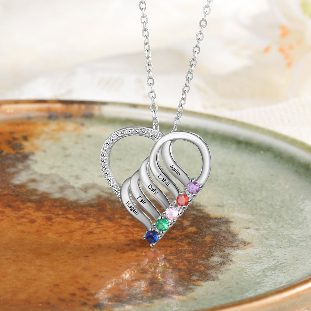 Personalized Family Heart Pendant Necklace with 2-6 Birthstones Name Necklace - MERGE.DAY.1.FREESTYLE