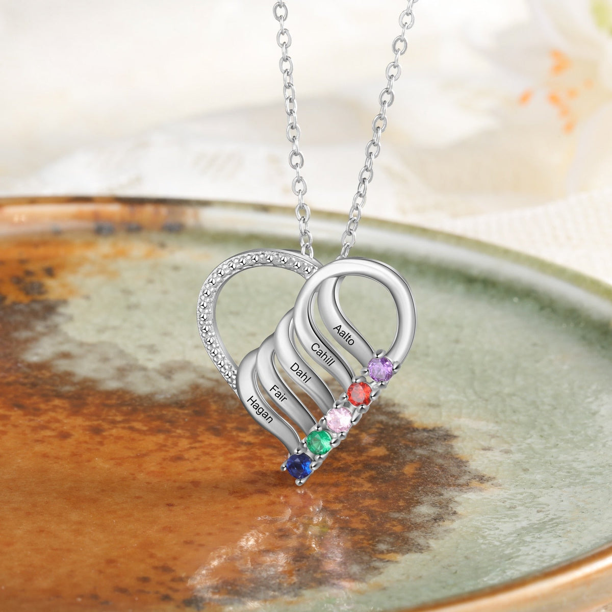 Personalized Family Heart Pendant Necklace with 2-6 Birthstones Name Necklace - MERGE.DAY.1.FREESTYLE