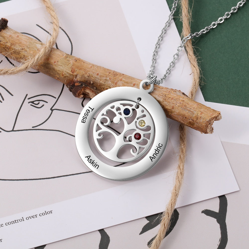 Tree of Life Name Necklace with Birthstone Name Engraved Pendant Family - MERGE.DAY.1.FREESTYLE