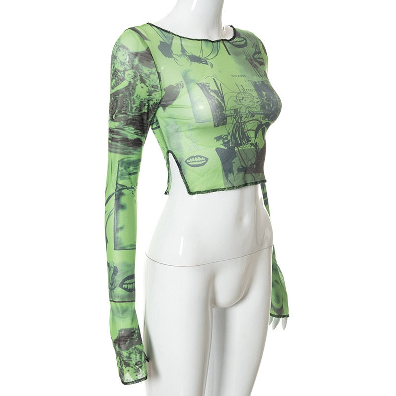 Sexy See Trough Crop Top Graphic Print Green Mesh Sheer T-shirt - MERGE.DAY.1.FREESTYLE