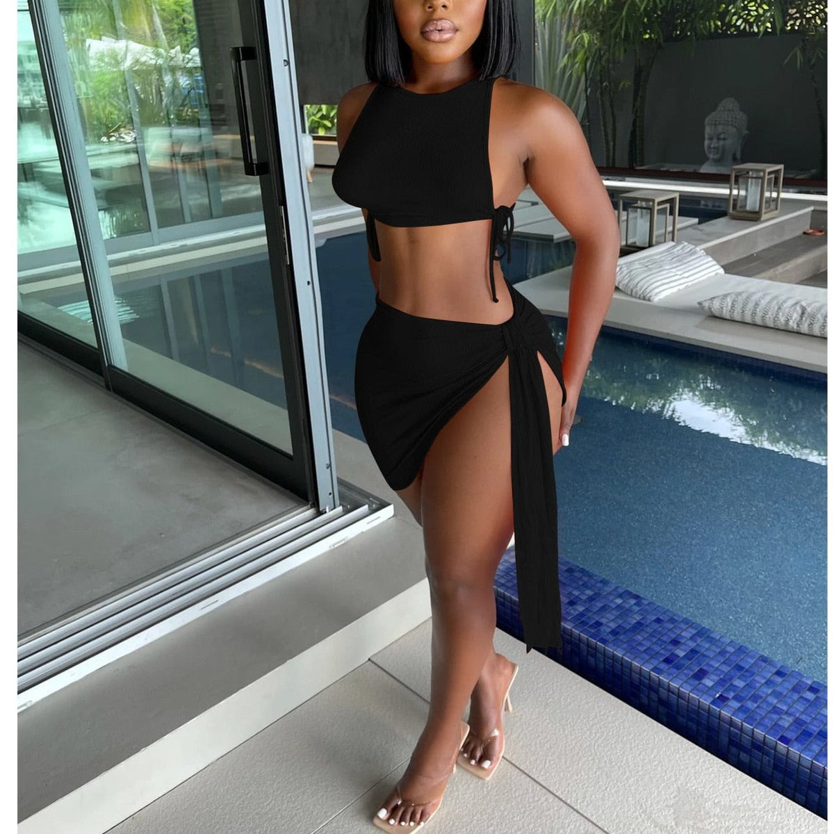 Knitted Ribbed Two Piece Set Bandage Crop Top Bodycon Mini Skirts Beachwear Outfits Summer - MERGE.DAY.1.FREESTYLE