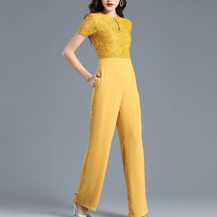Lace Jumpsuit for Women 2022 Summer Short Sleeve Chiffon Wide Leg Rompers - MERGE.DAY.1.FREESTYLE