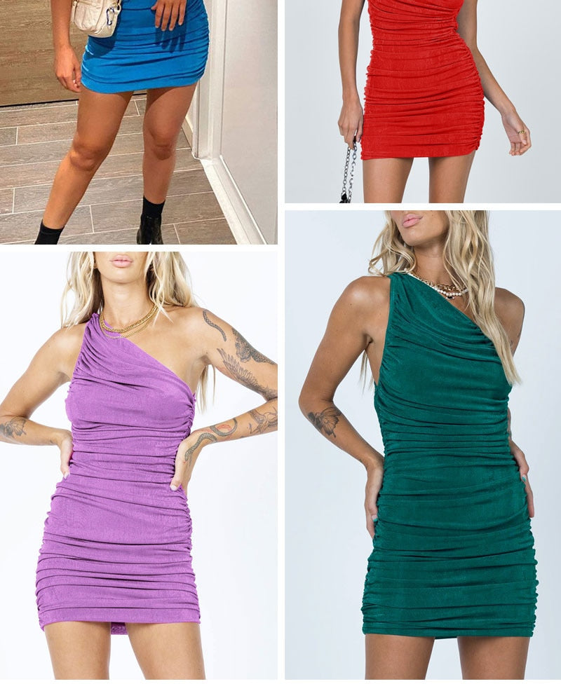 Elegant One Shoulder Party Dresses For Women Sleeveless Ruched Bodycon Dress Sexy Mini Summer Dress - MERGE.DAY.1.FREESTYLE
