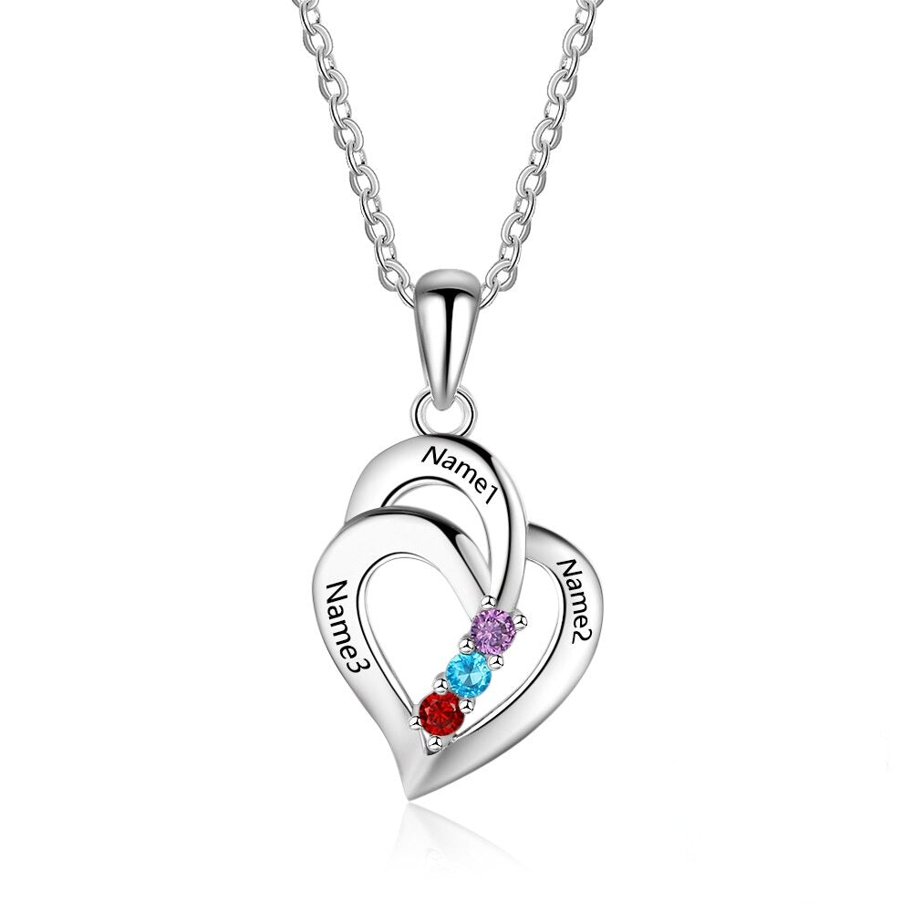 925 Sterling Silver Mothers Necklace with 3 Birthstones Romantic Name Heart Pendants - MERGE.DAY.1.FREESTYLE