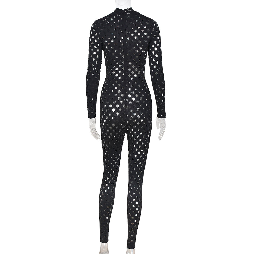Sexy Hollow Out See Through Long Sleeve Jumpsuits Women Hole Grunge Skinny One Piece Rompers - MERGE.DAY.1.FREESTYLE