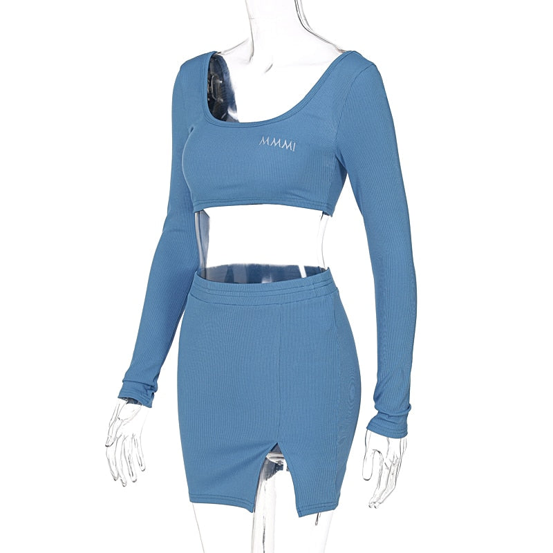 Long Sleeves Solid Navel Low Neck Bodycon Top Sexy Mini Dress Set - MERGE.DAY.1.FREESTYLE