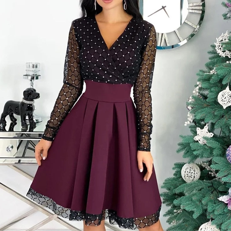 Shiny Sequin Diamond Mesh Stitching Dress Women Spring Autumn Sheer Long Sleeve Belted Slim A Line Dresses - MERGE.DAY.1.FREESTYLE