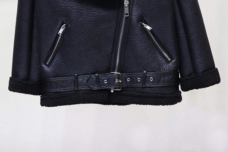 Faux Lamb Leather Jacket Pu Moto Zipper Jacket Warm Thick Outerwear - MERGE.DAY.1.FREESTYLE