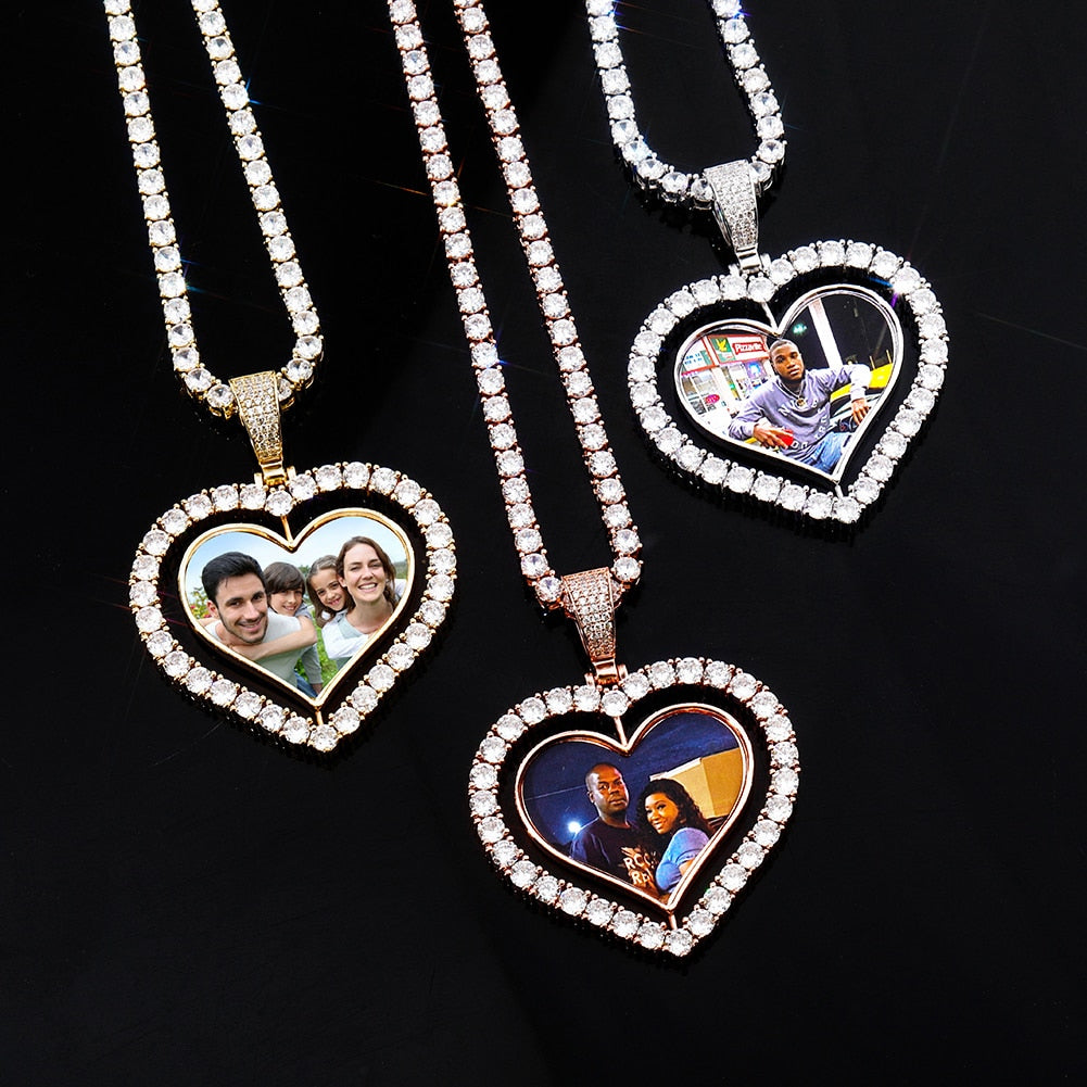 Heart Shaped Custom Photo Spin Double Sided Medallion Pendant Necklace Hip Hop Jewelry - MERGE.DAY.1.FREESTYLE