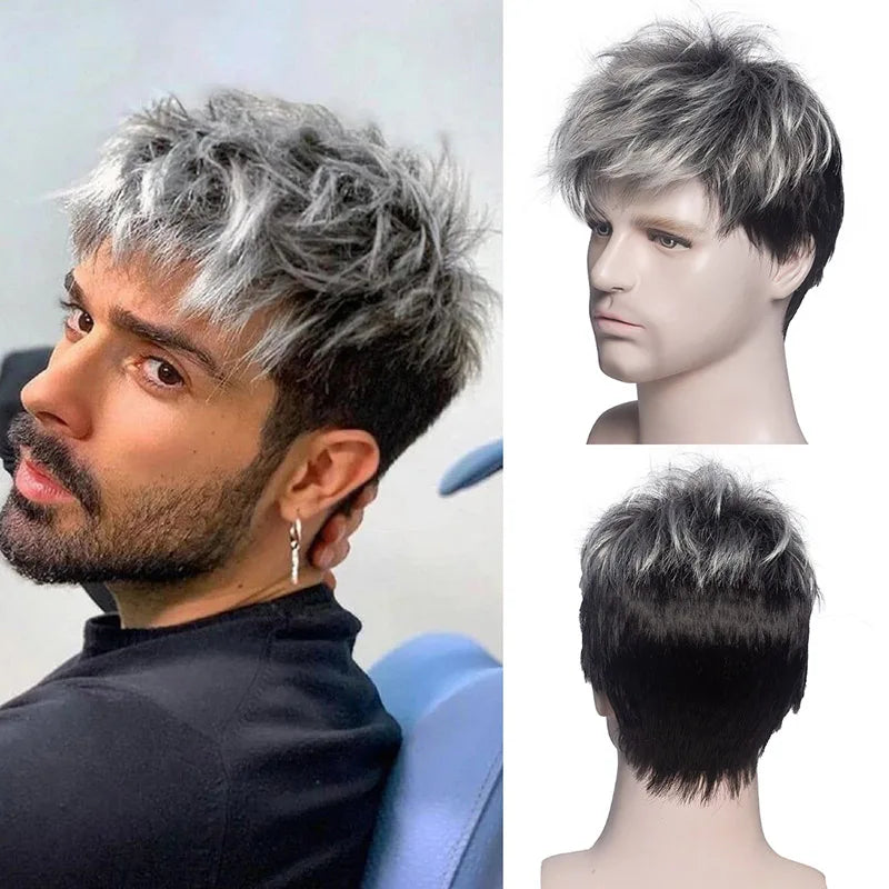 MSIWIGS Men Short Straight Wig Ombre Grey Brown Synthetic Wig White for Male Hair Fleeciness Realistic Natural Headgear - MERGE.DAY.1.FREESTYLE