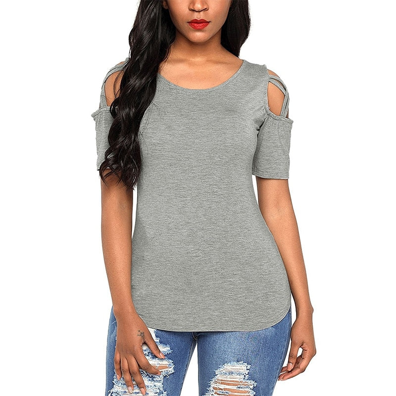 Solid Short Sleeve T-shirts Women Casual Off the Shoulder Tees Tops Female Basic Tshirts - MERGE.DAY.1.FREESTYLE