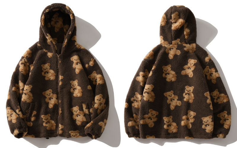 Hip Hop Men Women Fashion Bear Print Full Zip Hooded Coat Tops Outwear - MERGE.DAY.1.FREESTYLE