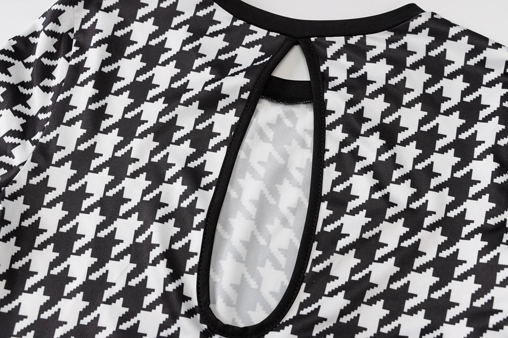 Houndstooth Print Women Long Sleeve Midi Dress Hollow Out Bodycon Streetwear - MERGE.DAY.1.FREESTYLE