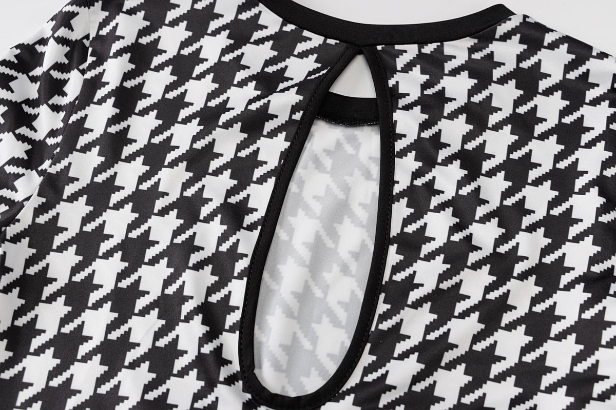Houndstooth Print Women Long Sleeve Midi Dress Hollow Out Bodycon Streetwear - MERGE.DAY.1.FREESTYLE