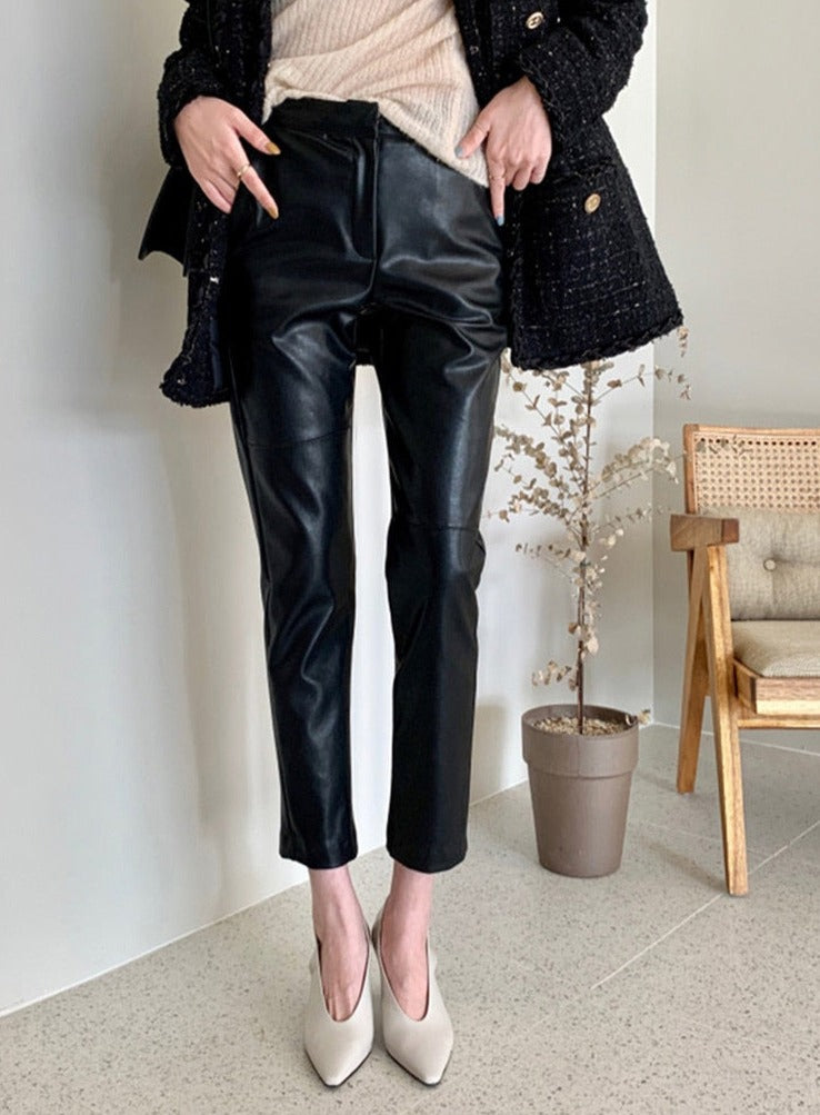 Spliced Loose Leather Pants Women Zipper PU Leather Trousers Women - MERGE.DAY.1.FREESTYLE
