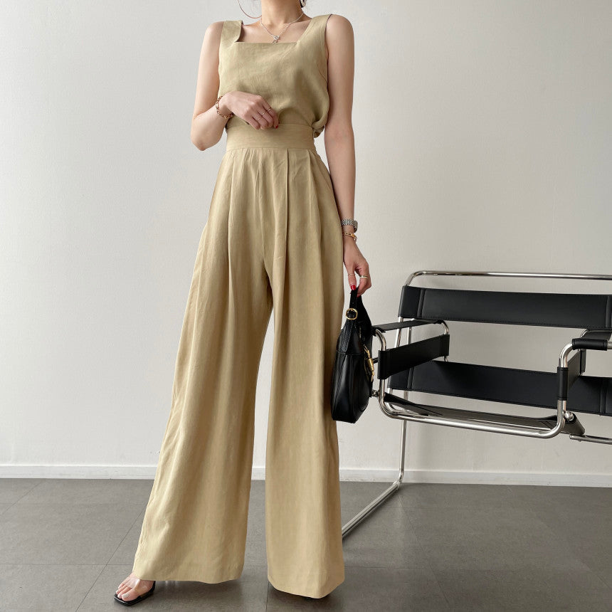 Office Ladies 2-Piece Women Square Neck Loose Vest Top + High Waist Pleated Wide Leg Pants - MERGE.DAY.1.FREESTYLE