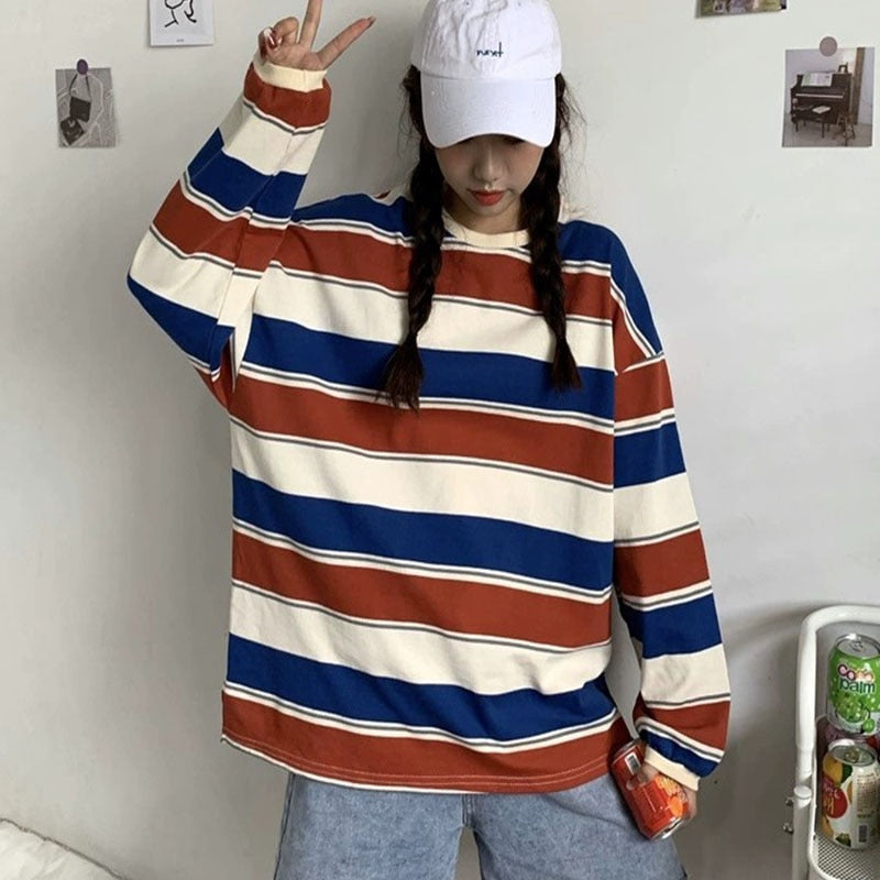 Rainbow Striped Women T Shirts Harajuku Fashion Tops Long Sleeves Oversize Tshirt O-Neck - MERGE.DAY.1.FREESTYLE