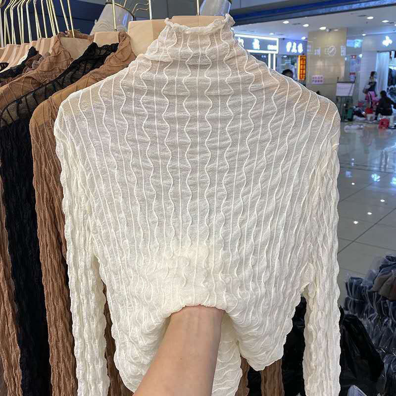 Women Lace Mesh High Collar Bottom T-shirts Female Long Sleeve Casual Style Tight Thin Tops - MERGE.DAY.1.FREESTYLE