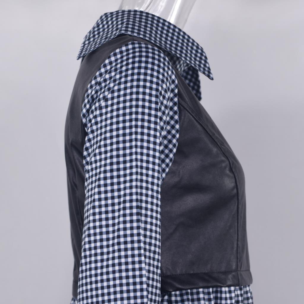 Long Sleeve Mini Shirt Dress For Women White 2022 Spring PU Leather Patchwork Plaid Dresses - MERGE.DAY.1.FREESTYLE