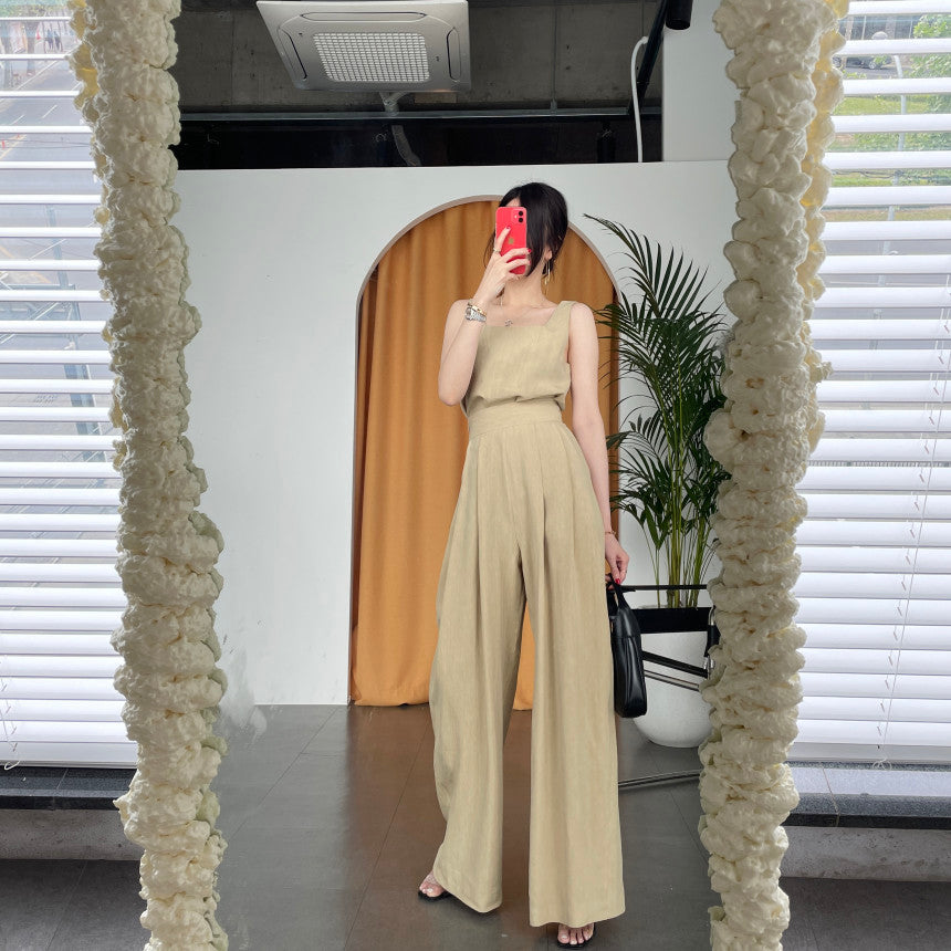 Office Ladies 2-Piece Women Square Neck Loose Vest Top + High Waist Pleated Wide Leg Pants - MERGE.DAY.1.FREESTYLE