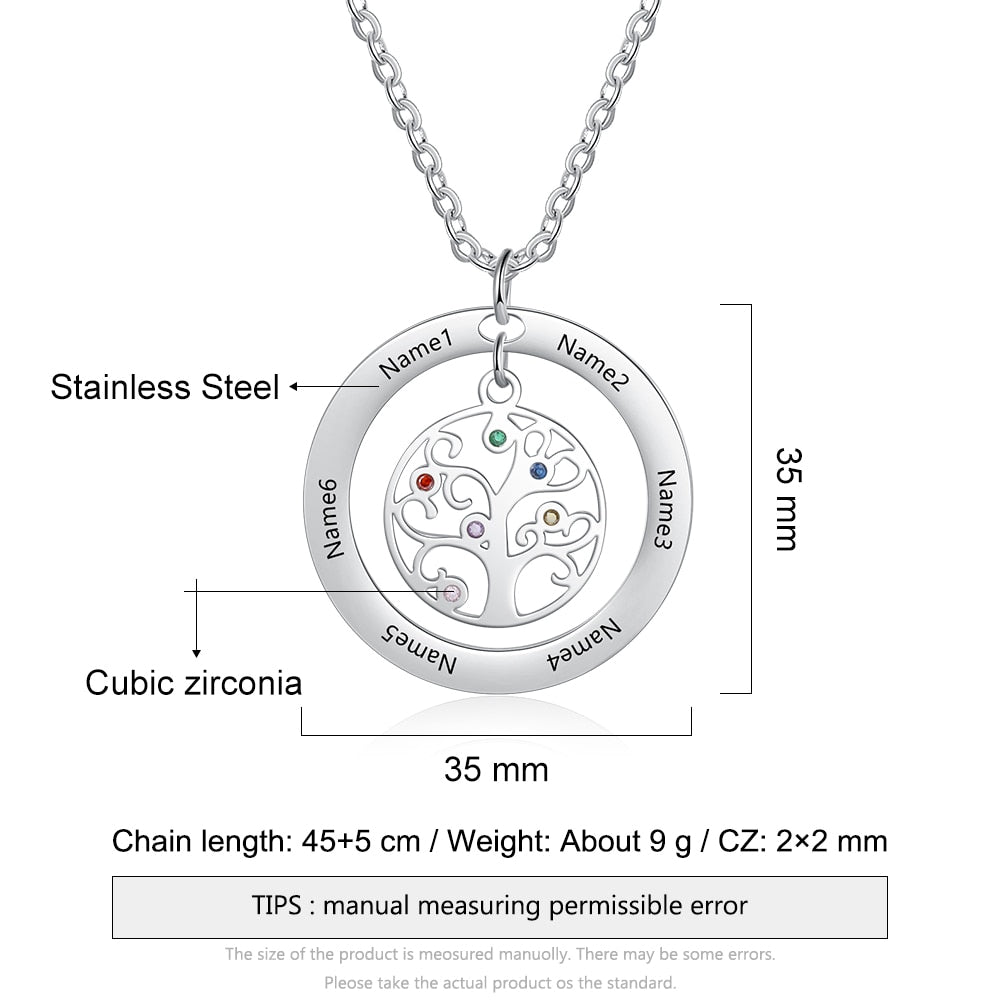 Tree of Life Name Necklace with Birthstone Name Engraved Pendant Family - MERGE.DAY.1.FREESTYLE