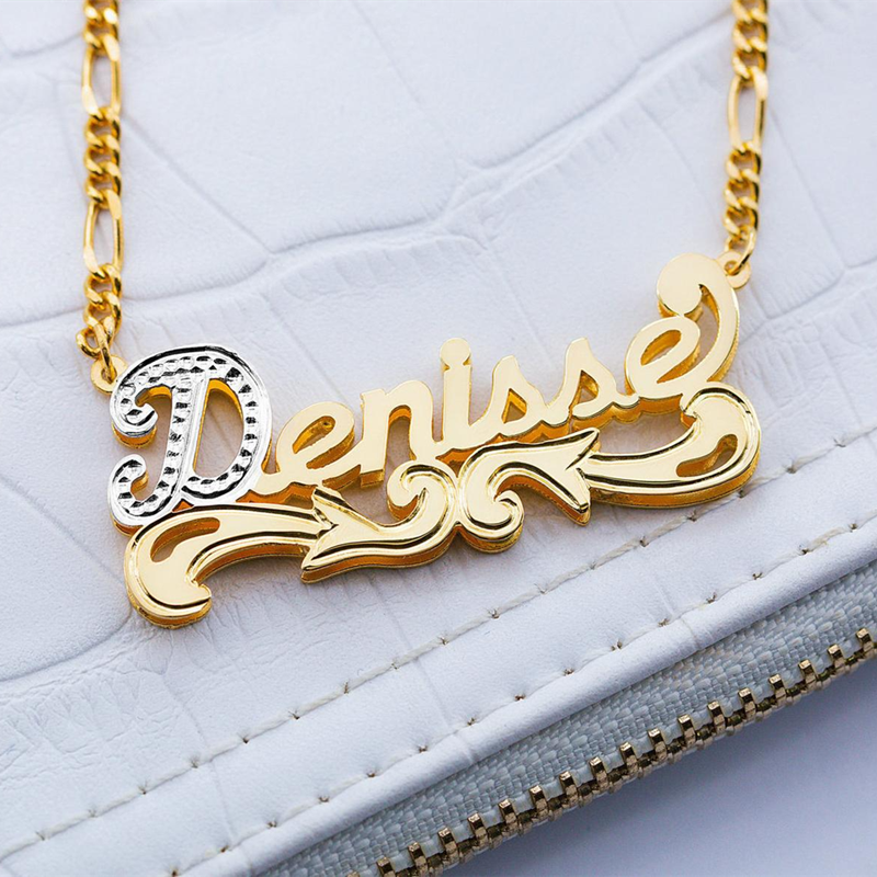 Customized Nameplate Necklace Double Name Plate Pendant Custom Letter With Figaro Chain - MERGE.DAY.1.FREESTYLE