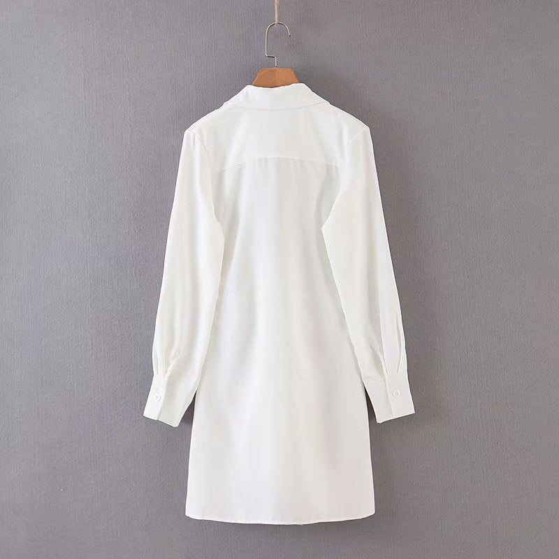 mini dress summer long sleeves women irregularity pleated vocation style loose white shirtdress - MERGE.DAY.1.FREESTYLE