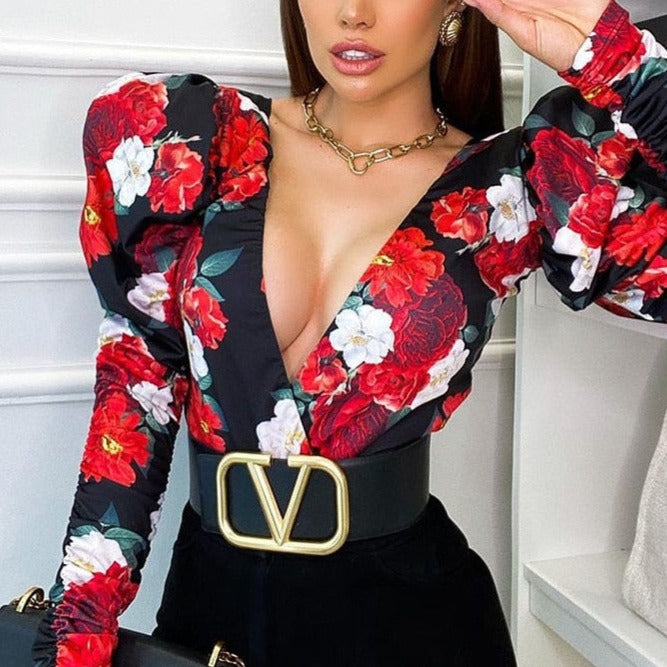 Spring Elegant Boho Print Bodysuits Rompers Women Jumpsuits Puff Sleeve Skinny Sexy V-neck - MERGE.DAY.1.FREESTYLE