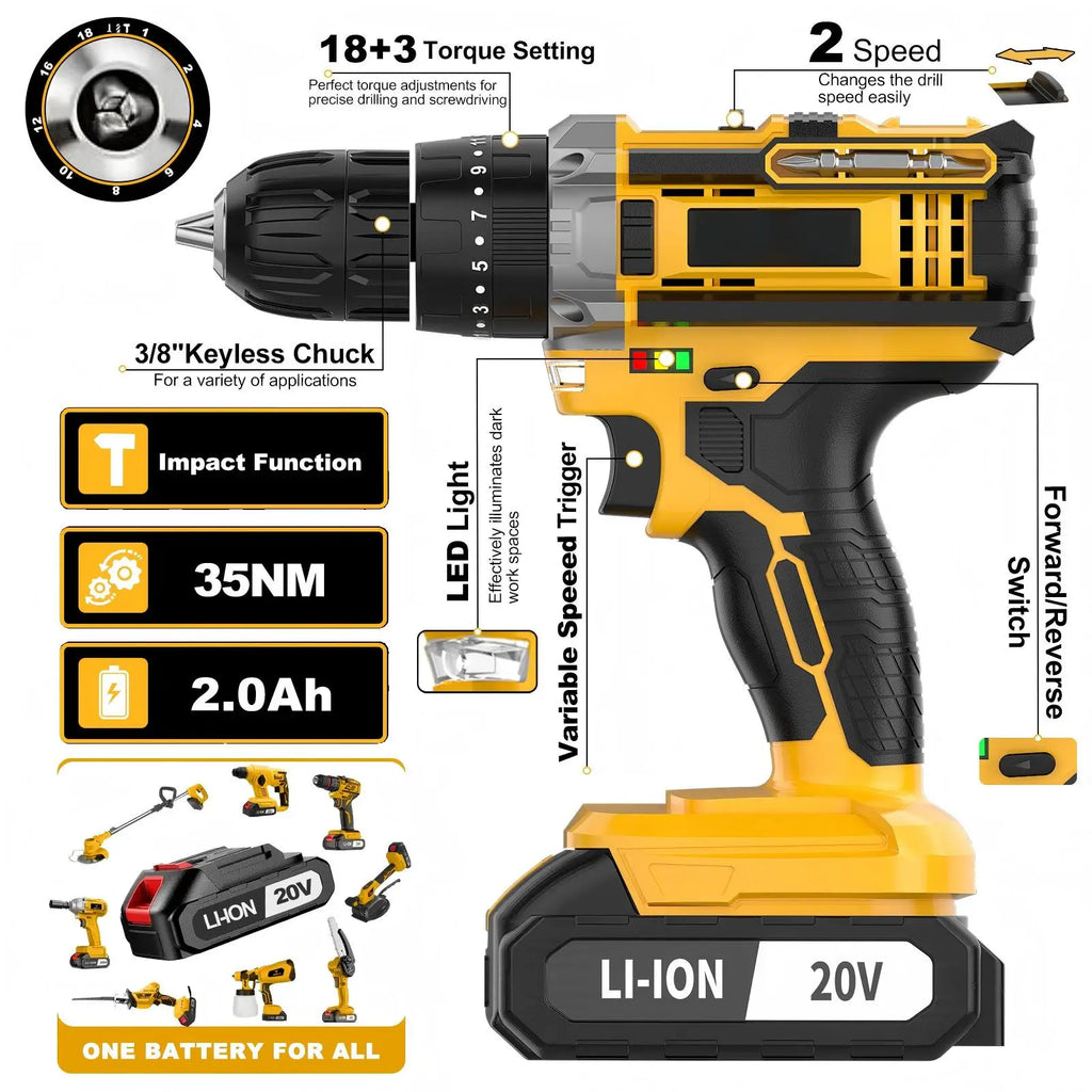 20V Cordless Impact Hammer Drill Kit 3/8 Keyless Chuck Electric Screwdriver Set DIY Tool Battery Powered Supports OEM - MERGE.DAY.1.FREESTYLE