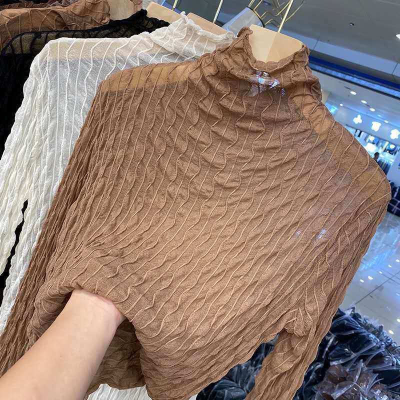 Women Lace Mesh High Collar Bottom T-shirts Female Long Sleeve Casual Style Tight Thin Tops - MERGE.DAY.1.FREESTYLE