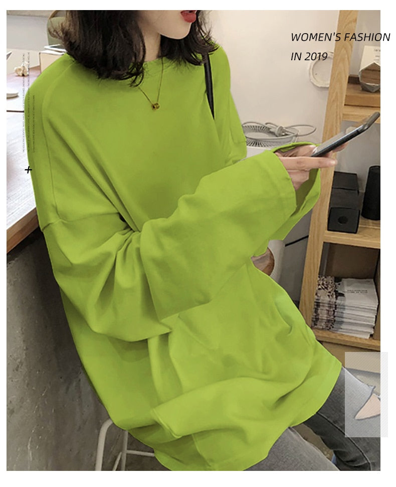 spring autumn Solid long Sleeve oversized tshirt harajuku long T Shirt Women kawaii T-shirts - MERGE.DAY.1.FREESTYLE
