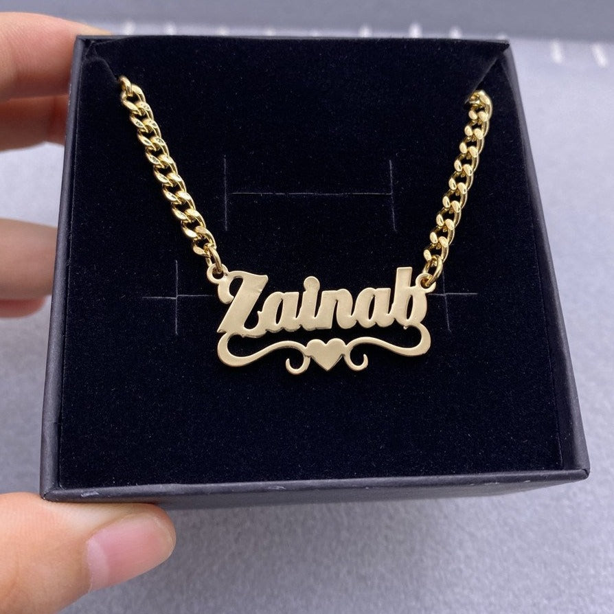 Custom Name Necklace With Heart Stainless Steel Cuban Chain Necklace - MERGE.DAY.1.FREESTYLE